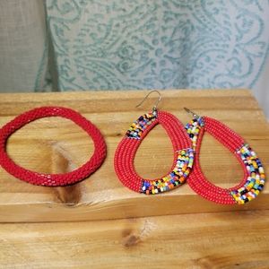 Red Seed Bead Bracelet & Earring Set Handmade Glass Beaded Jewelry